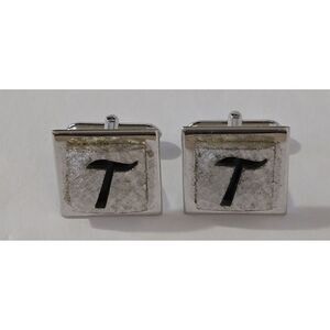Swank Cufflinks Monogram "T" Initial Letter Black Brushed Silver Tone 3D Vtg MCM